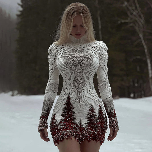 Women's Christmas Tree Forest Celtic Knot Jacquard Knit Turtleneck Mini Sweater Dress artswardrobe
