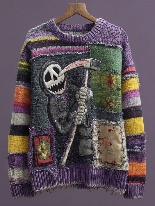 Halloween Spooky Ghoul Embroidered Patchwork Cozy Knitted Sweater elevenforest