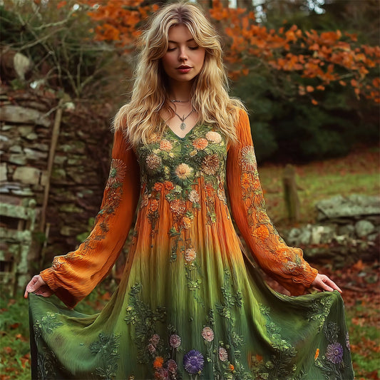 Fall Vintage Floral Embroidery Gradient Color Women's Linen V-neck Maxi Dress artswardrobe