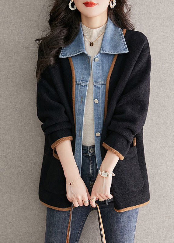 Cappotto in lana nero unico con colletto alla Peter Pan, patchwork di jeans, effetto due pezzi, autunno