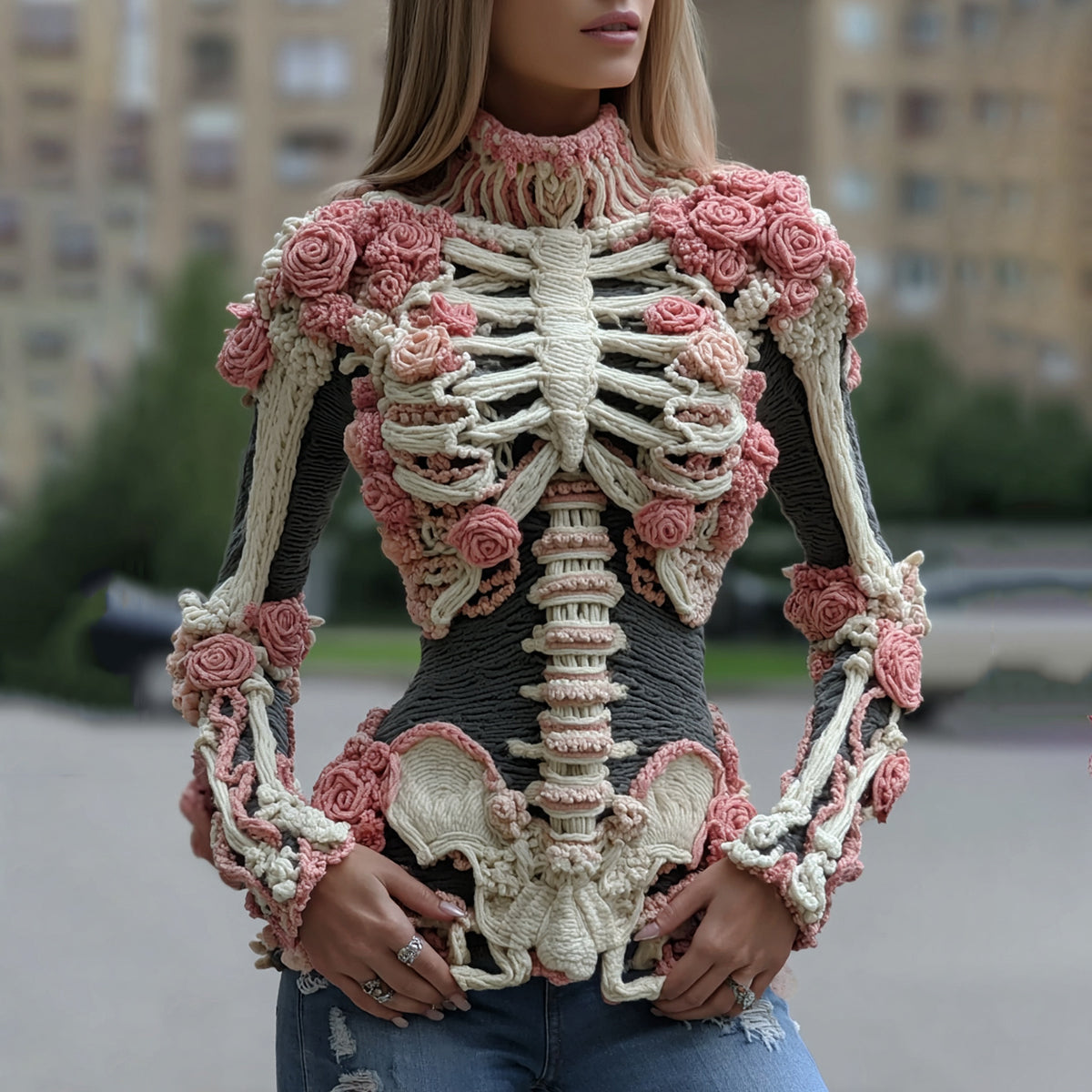 Women's Vintage Halloween Skeleton Bones With Roses Art Knitted Warm Turtleneck Sweater artswardrobe