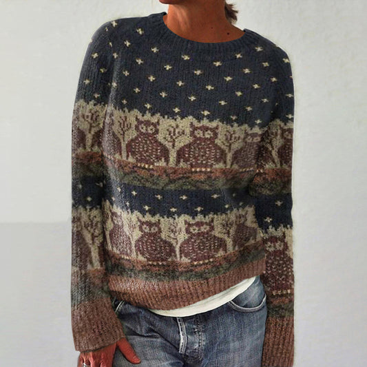 Owl Vintage Contrast Jacquard Crew Neck Sweater elevenforest