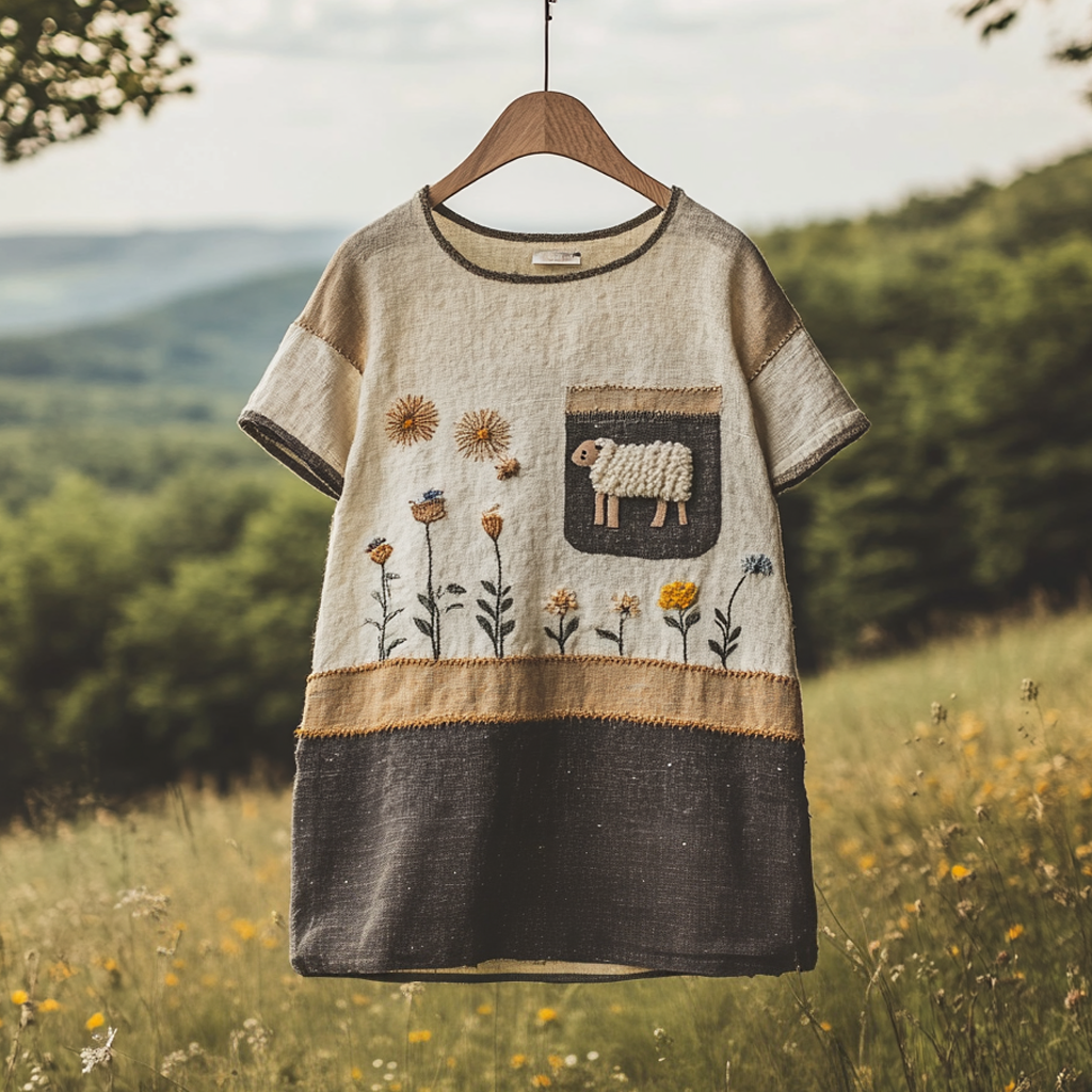 Vintage Sheep Wildflowers Patchwork Print Linen T-shirt artswardrobe