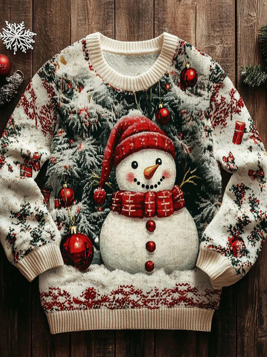 Women's Christmas Snowman Print Art Casual Knitted Sweater artswardrobe