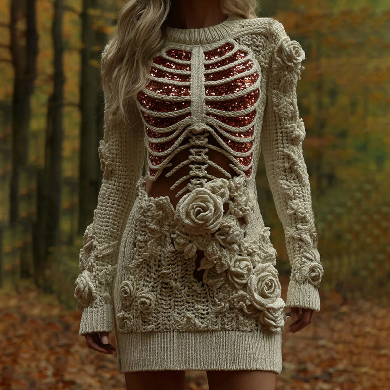 Women's Vintage Rose Skeleton Art Round Neck Knit Mini Sweater Dress artswardrobe