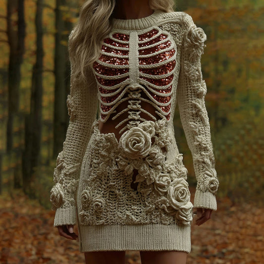 Women's Vintage Rose Skeleton Art Round Neck Knit Mini Sweater Dress artswardrobe