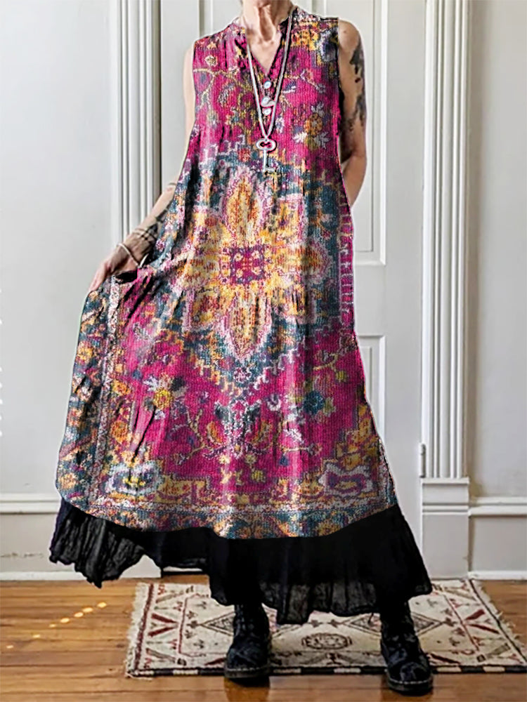 Women's Retro Ethnic Totem Art Print Casual Sleeveless Cotton Pocket D