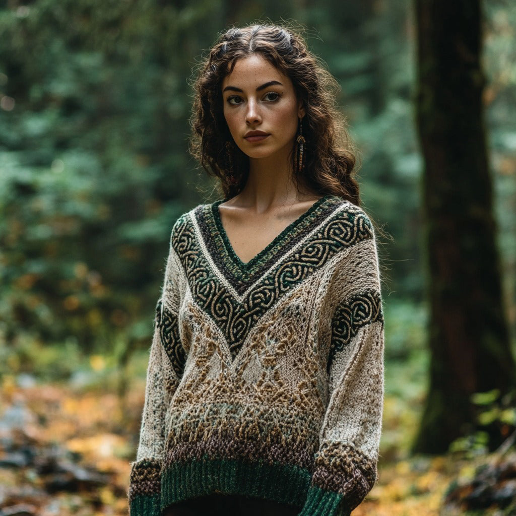 Vintage Gradient Celtic Knot V-neck Knitted Jacquard Irish Aran Sweater artswardrobe