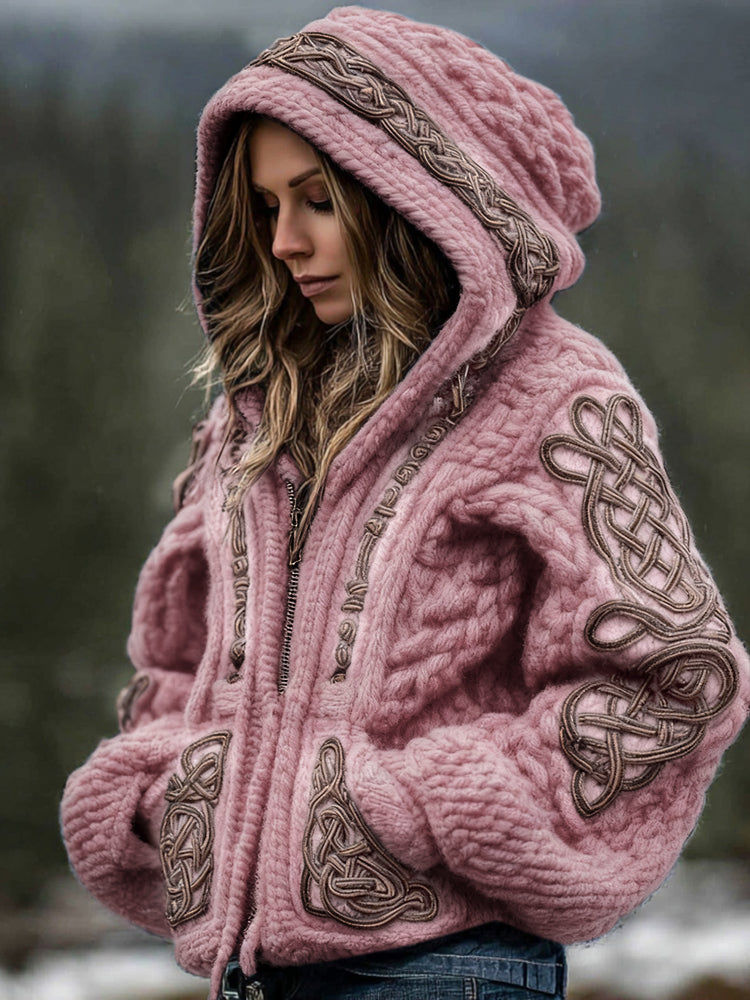Women's Viking Celtic Knot Cozy Warm Knit Full Zip Hooded Sweater artswardrobe