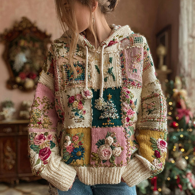 Women's Christmas Tree And Floral Pattern Knitted Hooded Sweater artswardrobe