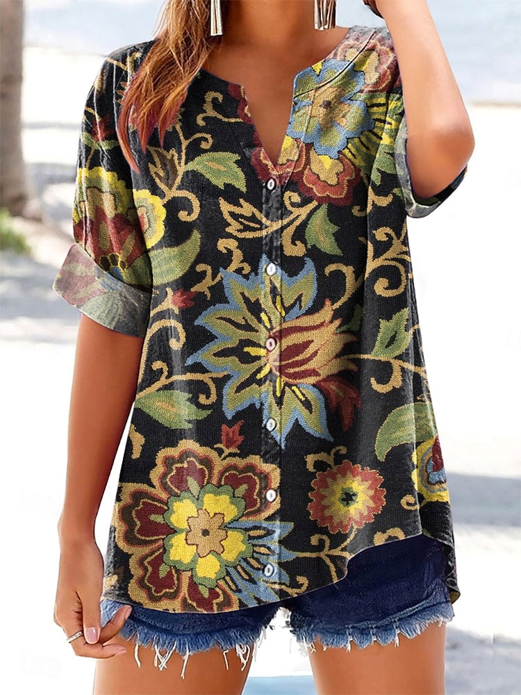Women's Folk Floral Art Printed Casual Short Sleeve Cotton and Linen S