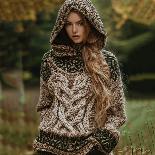 Women's Irish Pattern Jacquard Hooded Sweater elevenforest