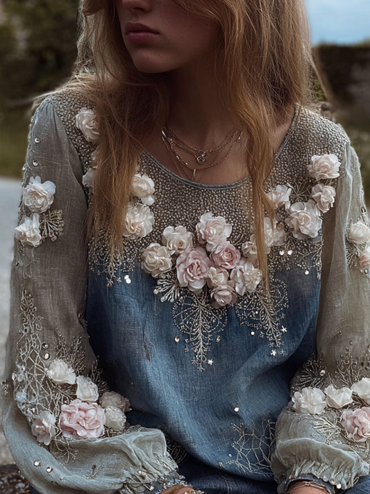 Stereoscopic Embroidery Rose Melancholy Blue Casual Long-sleeved Shirt artswardrobe