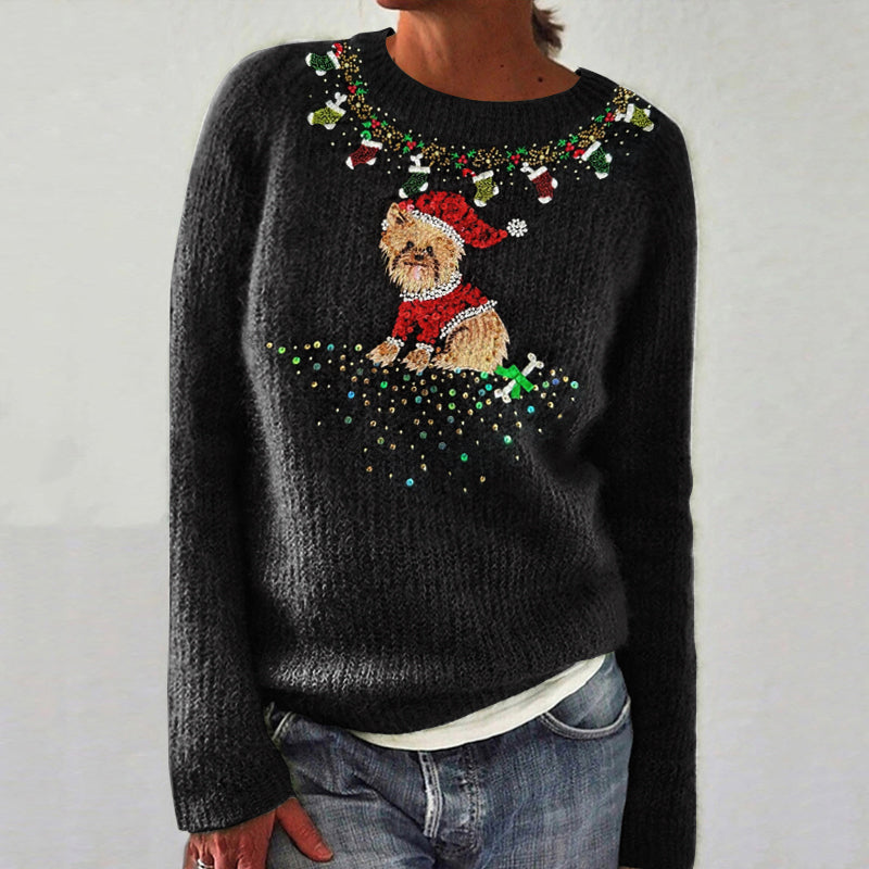 Comstylish Cute Christmas Puppy Sequin Art Cozy Knit Sweater