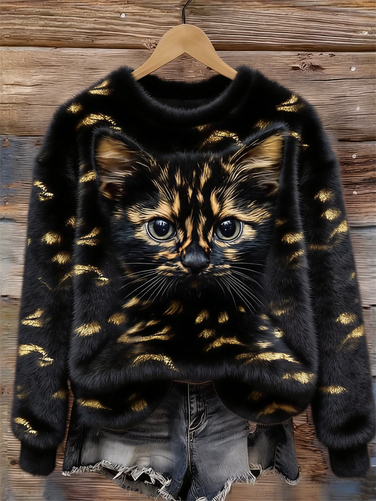 Comstylish Tortoiseshell Cat Face & Pattern Cozy Plush Sweatshirt
