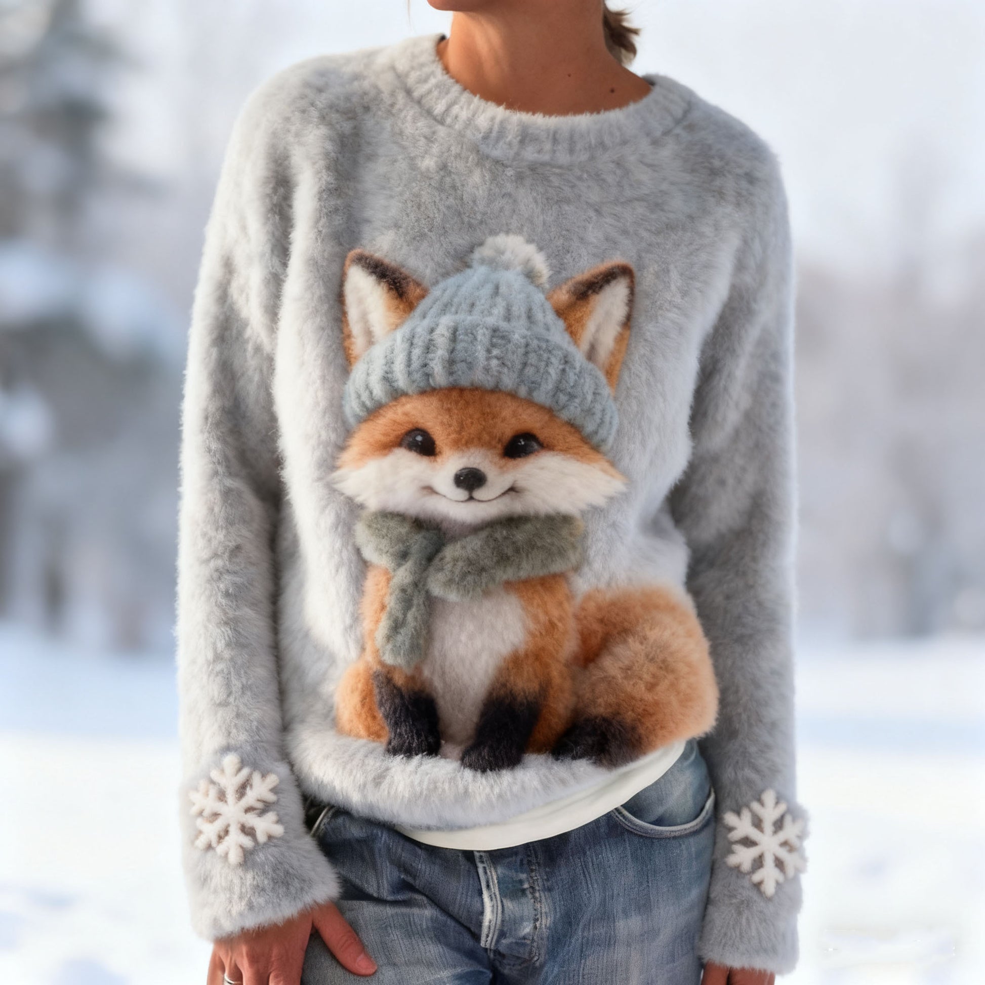 Comstylish Cute Fluffy Fox Pattern Warm Pullover Sweater
