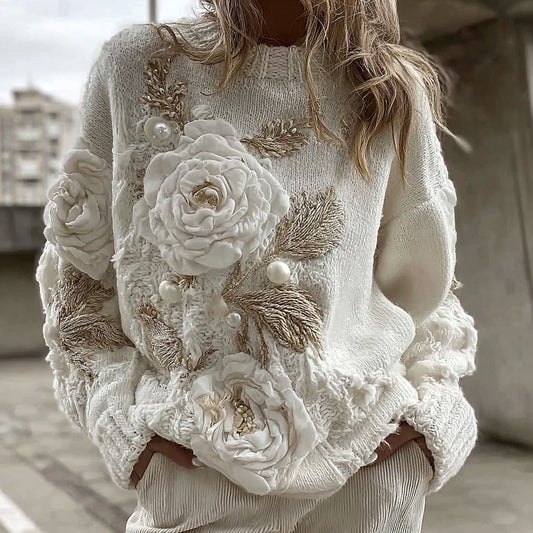 Women's Vintage White Rose Chunky Knit Turtleneck Sweater elevenforest