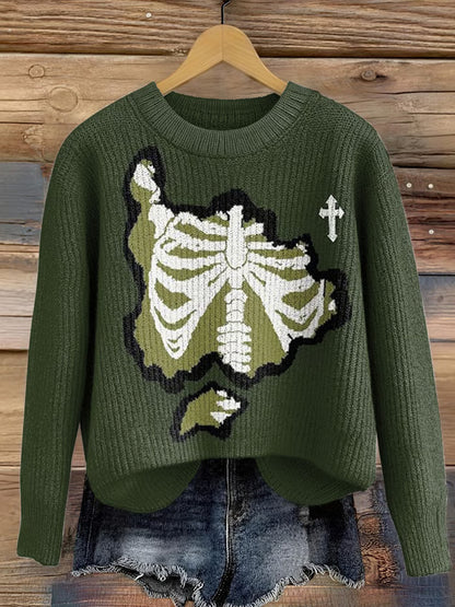 Women's Halloween Skull Print Crew Neck Sweater artswardrobe
