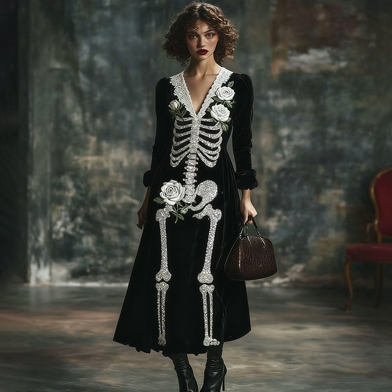 Comstylish Women's Halloween White Rose Skeleton Velvet V Neck Maxi Dress