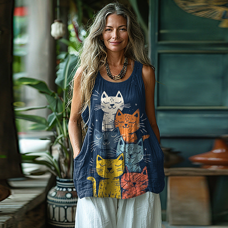 Comstylish Vintage Pop Art Layered Cat Linen Top