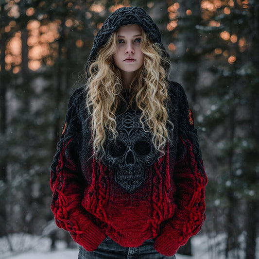 Women's Viking Tribal Celtic Skull Gradient Vintage Knit Hooded Sweater artswardrobe