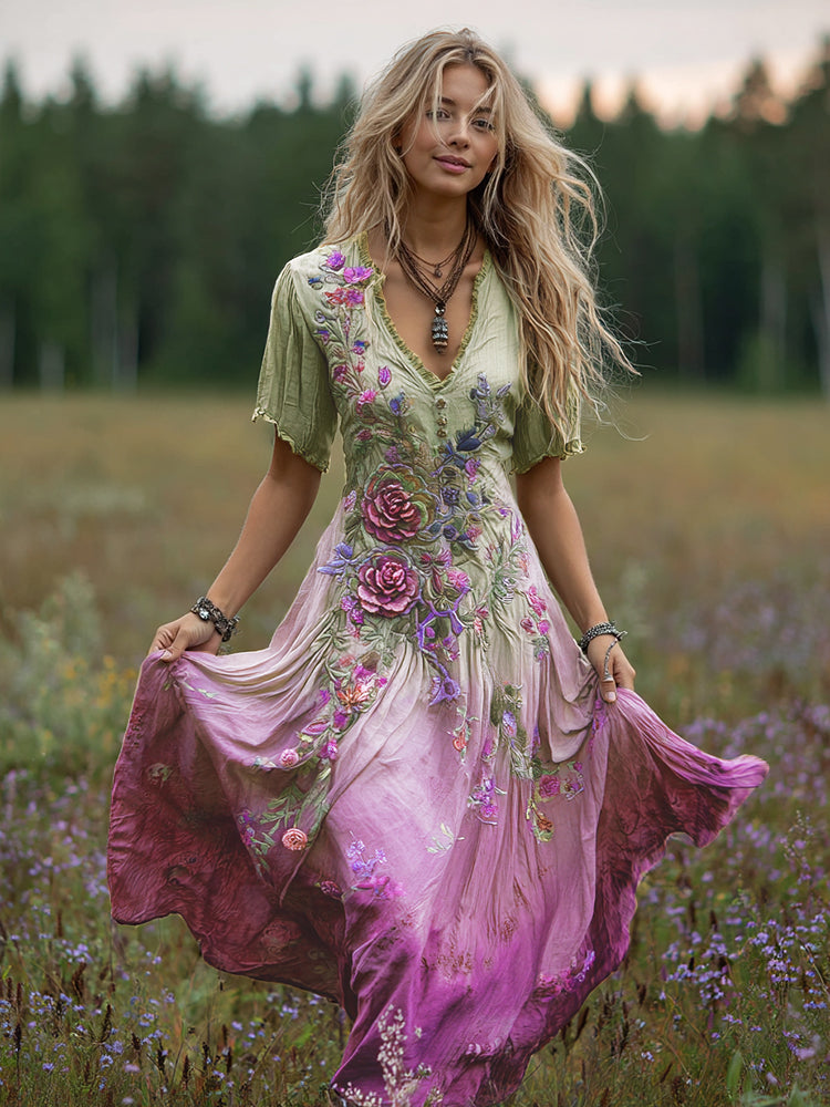 Women's Bohemian Floral Art Gradient Linen Maxi Dress artswardrobe