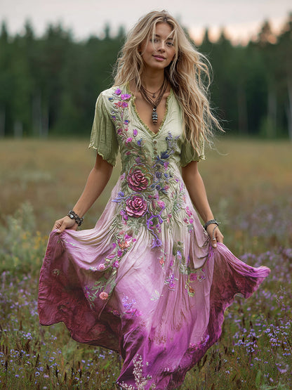 Women's Bohemian Floral Art Gradient Linen Maxi Dress artswardrobe