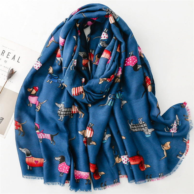 Comstylish Women's Cute Cartoon Dachshund Dog Print Raw Trim Shawl Scarf