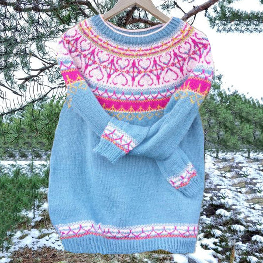 Unisex Vintage Icelandic Light Blue Knit Jacquard Warmth Crew Neck Sweater elevenforest