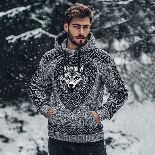 Men's Viking Wolf Art Knit Pocket Hooded Sweater artswardrobe