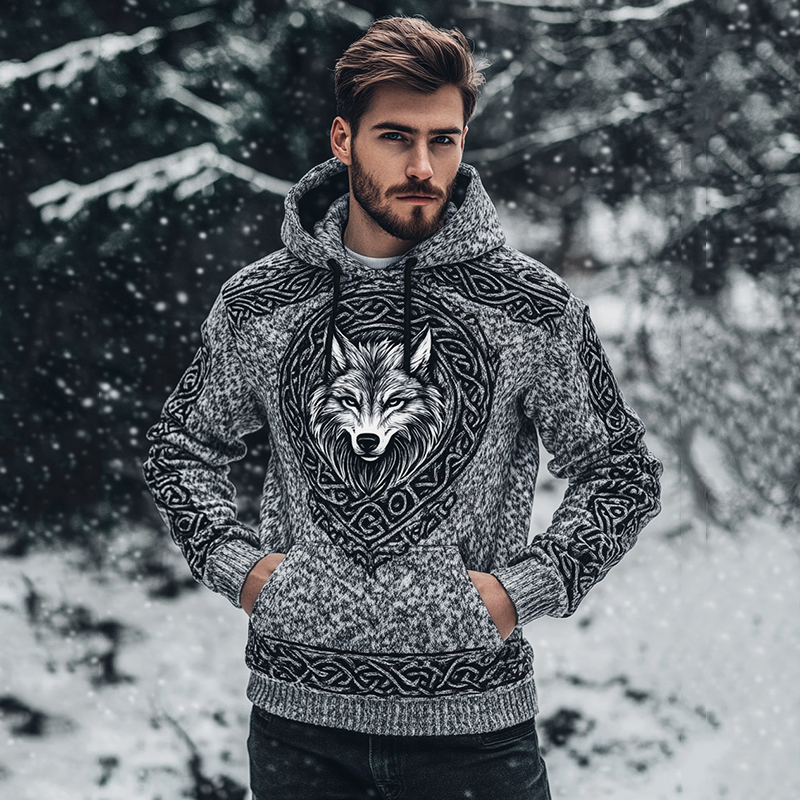 Men's Viking Wolf Art Knit Pocket Hooded Sweater elevenforest