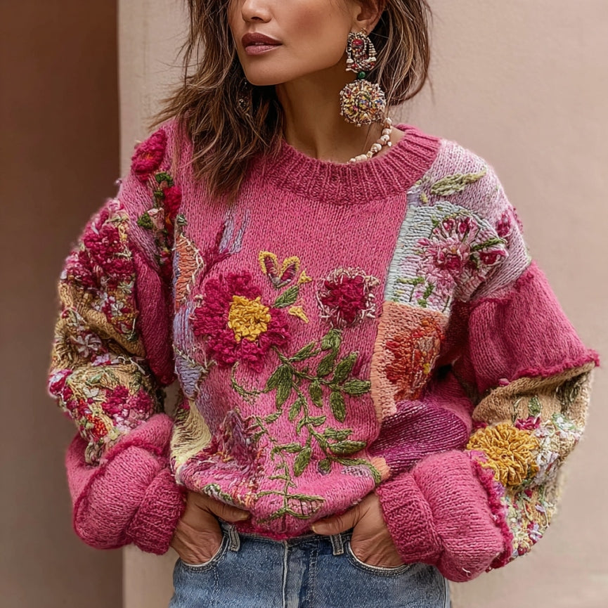 Women's Bohemian Floral Embroidery Art Cozy Knitted Sweater artswardrobe