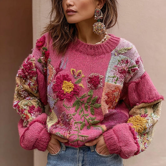 Women's Bohemian Floral Embroidery Art Cozy Knitted Sweater artswardrobe