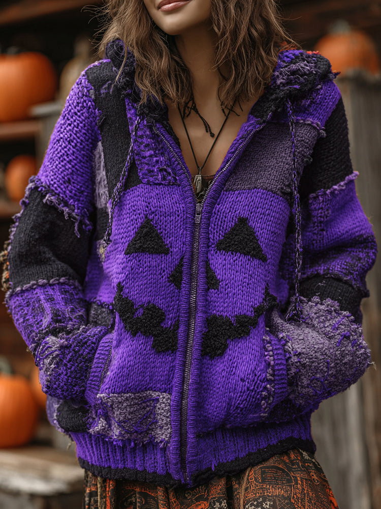 Patchwork Halloween Pumpkin Face Art  Cozy Knit Hooded Cardigan artswardrobe