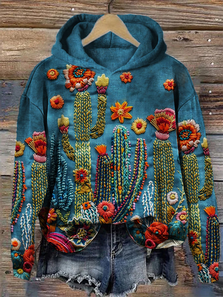 Comstylish Cactus Floral 3d Embroidered Cozy Hoodie
