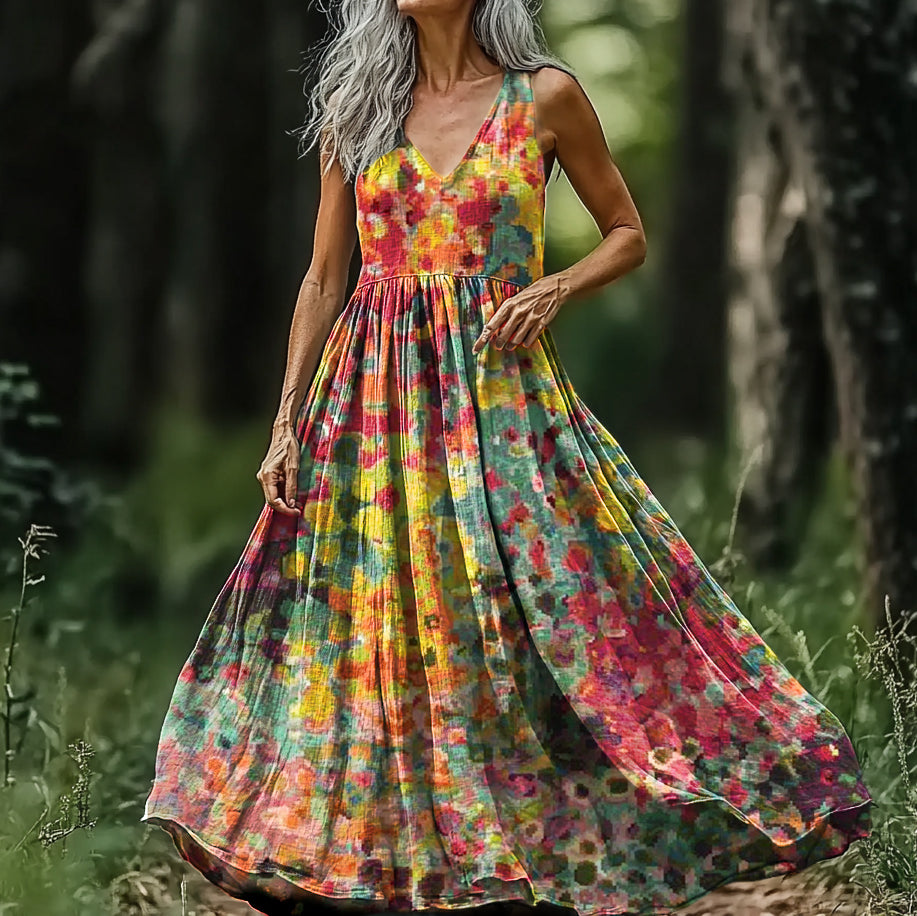 Women's Colorful Ethnic Art Pattern Print V-neck Sleeveless Cotton Dre