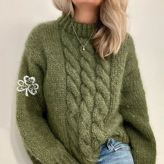 Women'S Burlap Textured Clover Pattern Sweater elevenforest