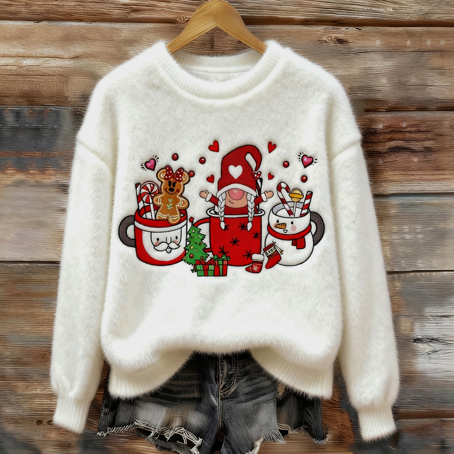 Comstylish Women's Fun Christmas Dwarfs And Gingerbread Plush Sweater