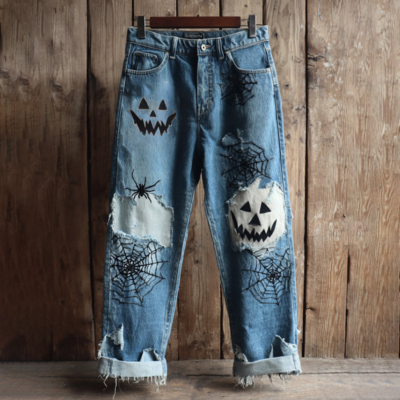Women's Halloween Pumpkin Face And Spiderweb Embroidery Vintage Washed Jeans artswardrobe