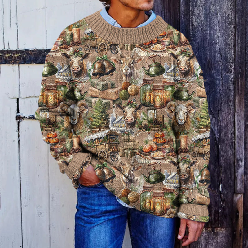Vintage Farm Party Pattern Knitted Sweater artswardrobe