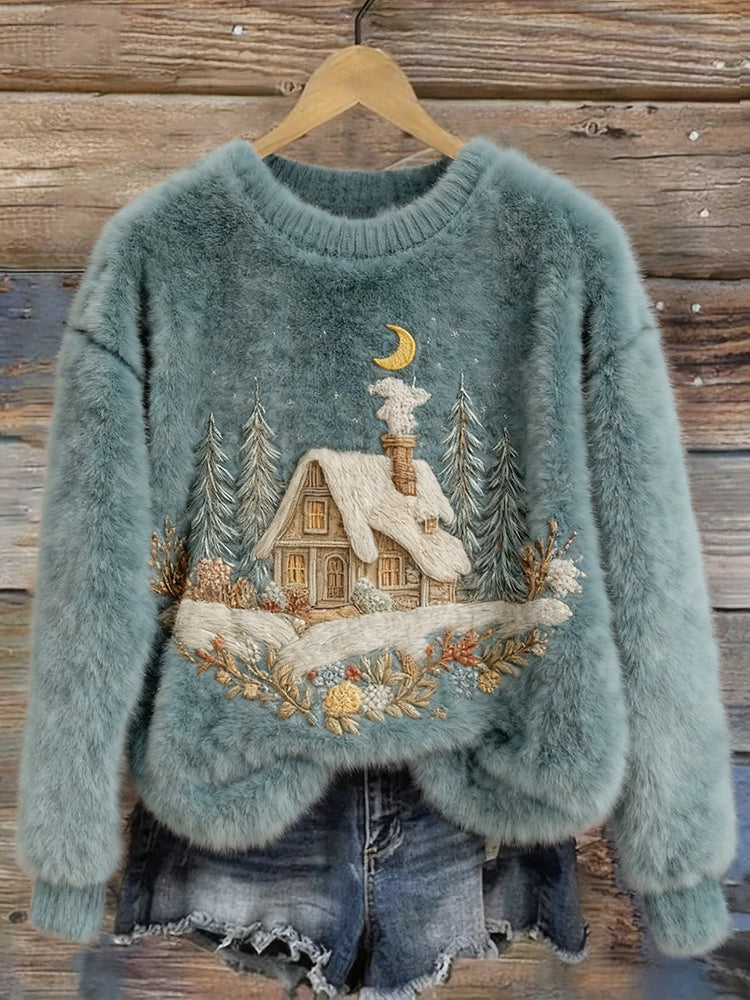 Cozy Winter Cottage Embroidered Pullover Plush Sweater