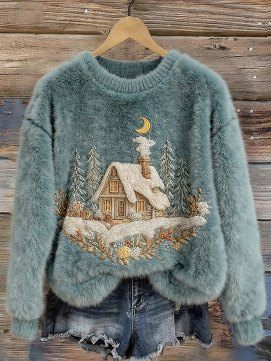 Cozy Winter Cottage Embroidered Pullover Plush Sweater
