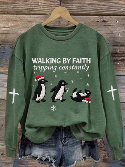 Comstylish Retro Funny Christmas Goose Walking By Faith Tripping Constantly Print Sweatshirt