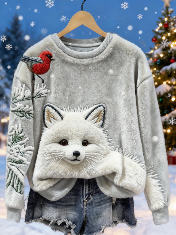 Comstylish Christmas Fox & Bird Embroidered Cozy Plush Sweatshirt