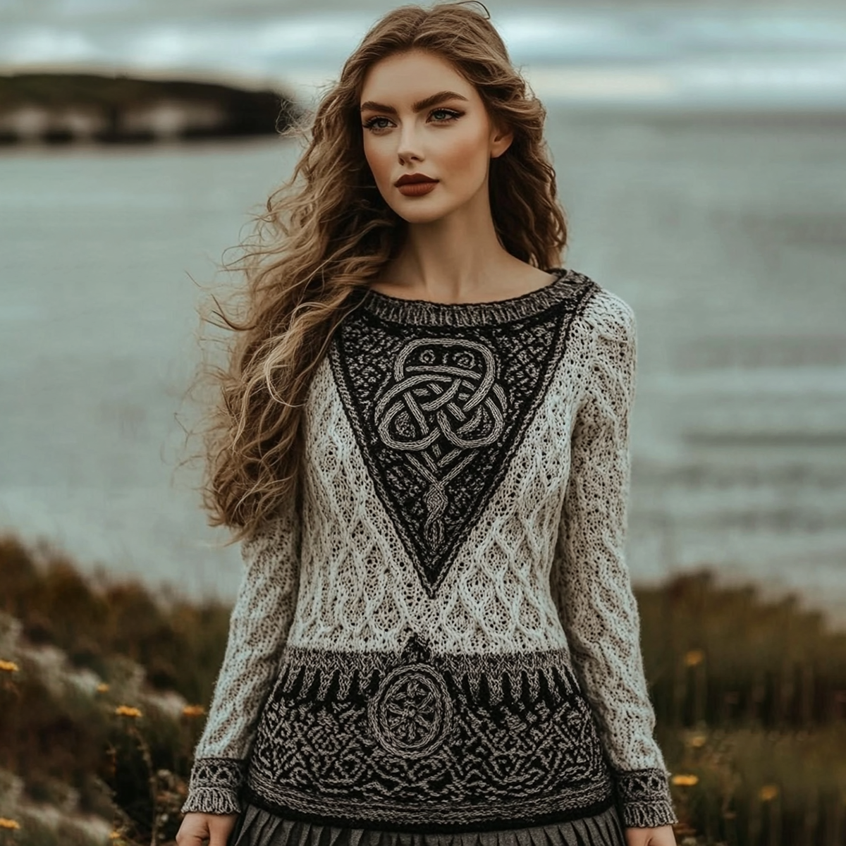 Vintage Viking Celtic Contrast Cozy Chunky Crew Neck Cozy Sweater elevenforest