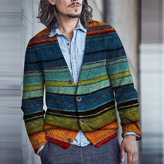 Color Block Stripe Colorful Retro Casual Long Sleeved Knitted Cardigan elevenforest