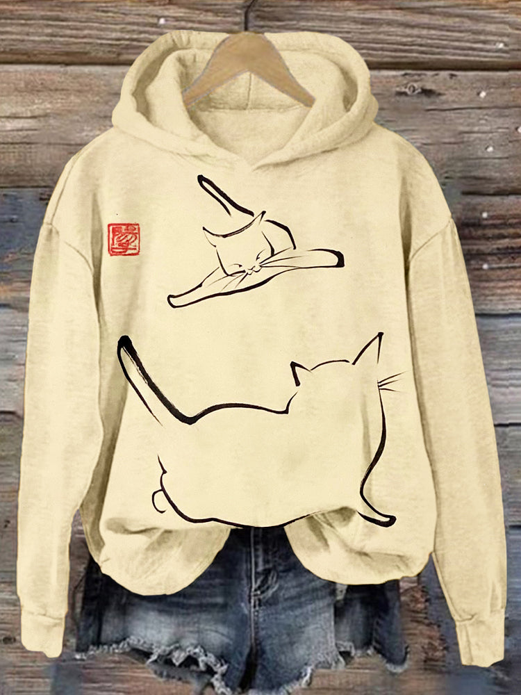 Japanese Art Cats Fighting Graphic Comfy Hoodie elevenforest