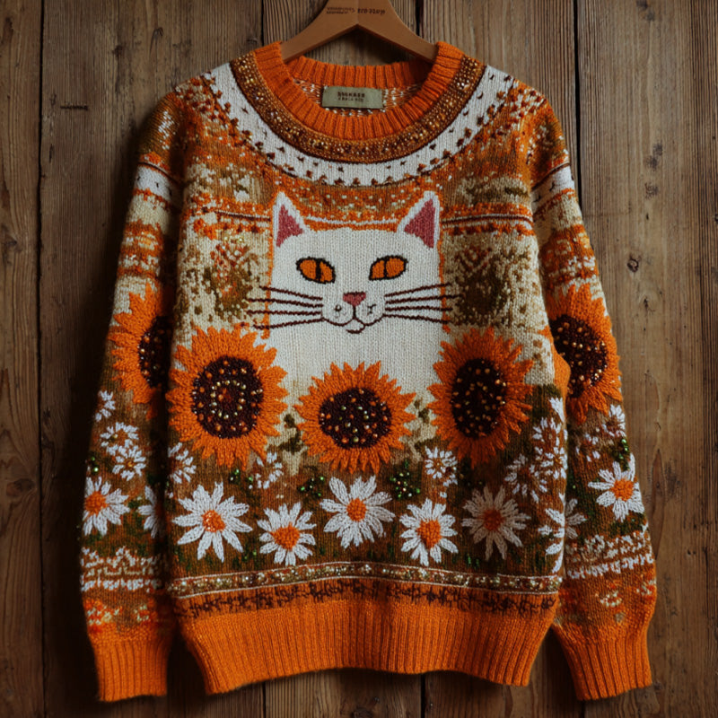 Women's Vintage Halloween Sunflower And Cat Embroidered Sweater elevenforest