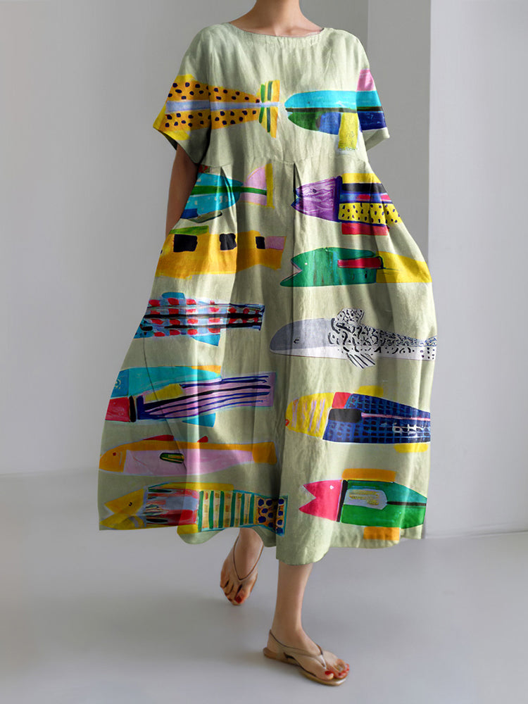 Women's Vintage Colorful Fish Printed Casual Crew Neck Midi Dress