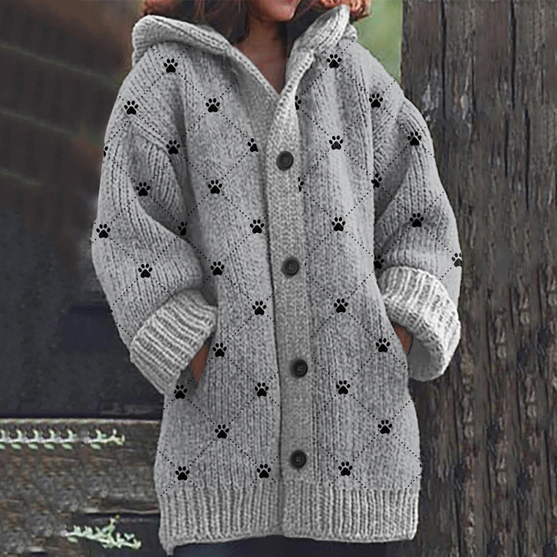 Comstylish Dog Paw Print Long Sleeve Knitted Hooded Cardigan